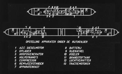 886065 Plattegronden van een diesel-electrisch motorrijtuig DE 1 en een diesel-electrisch treinstel DE 2 (Blauwe Engel) ...